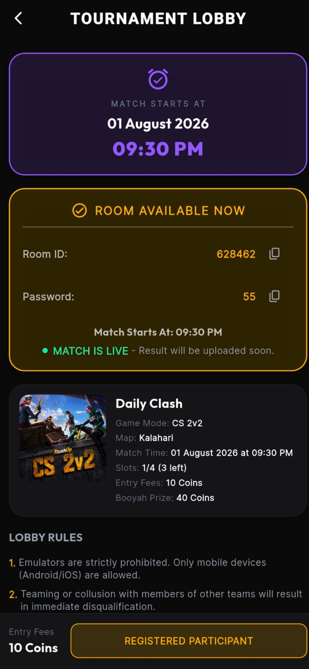RushUp App Interface - Per Kill Match Rewards